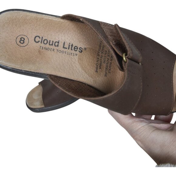 Cloud Lites Tender Tootsies Brown Leather Slide Sandals Velcro Slip On Size 8 - Picture 5 of 9